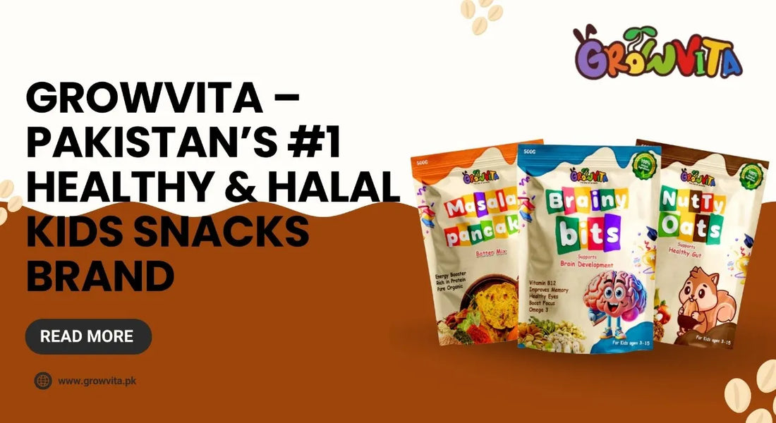 Growvita – Pakistan’s #1 Healthy & Halal Kids Snacks Brand. Product packaging of Masala Pancakes, Brainy Bits, and Nutty Oats displayed with brand logo.