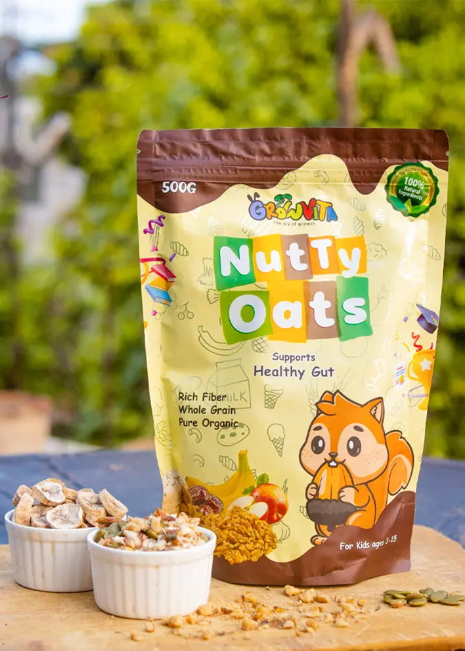 Bag of Nutty Oats with a cartoon fox character on a wooden table with oats and seeds.