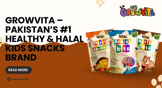 Growvita – Pakistan’s #1 Healthy & Halal Kids Snacks Brand. Product packaging of Masala Pancakes, Brainy Bits, and Nutty Oats displayed with brand logo.