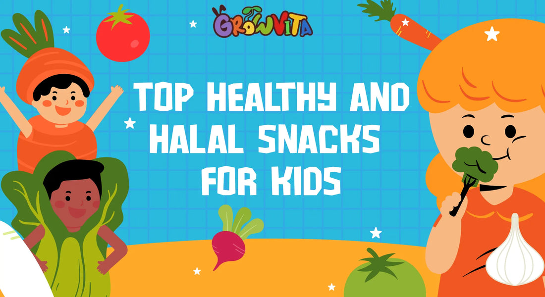 llustration of happy kids dressed as vegetables with text "Top Healthy and Halal Snacks for Kids" on a blue background, promoting healthy eating for children.