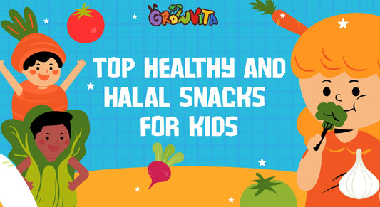 llustration of happy kids dressed as vegetables with text "Top Healthy and Halal Snacks for Kids" on a blue background, promoting healthy eating for children.